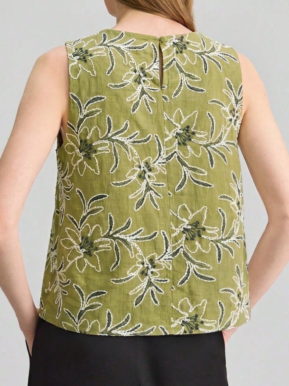 Army Green Boho Women's Elegant Embroidered Tank Top - Picture 2 of 6